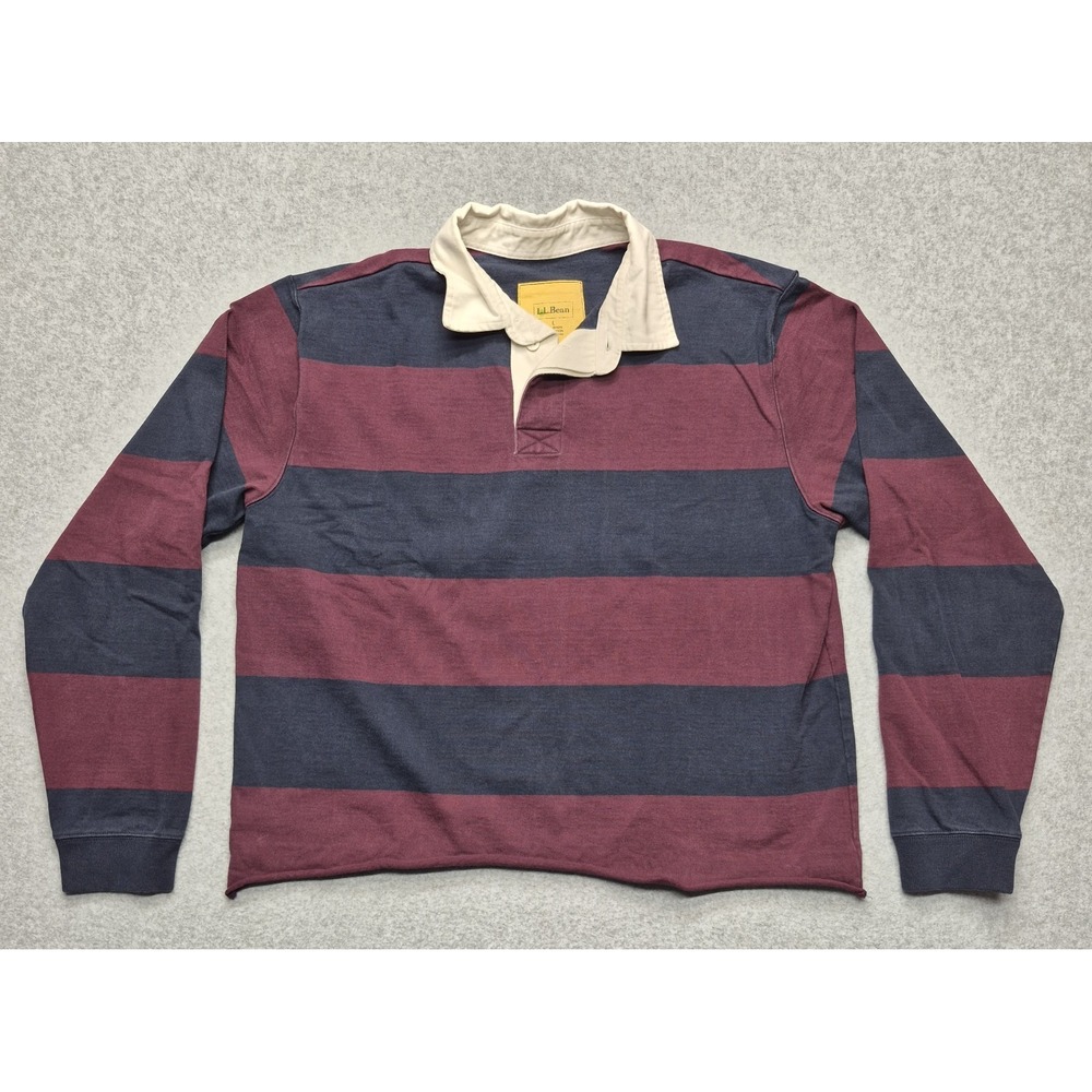 Vintage LL Bean Rugby Polo Men L Navy Burgundy Striped Long Sleeve Cropped Shirt